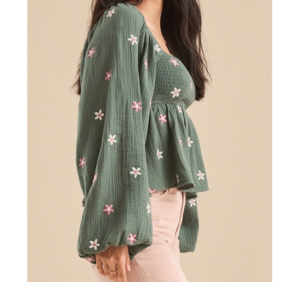 Boho Green Floral Embroidered gauze Long Sleeve Blouse - Picture 3 of 6